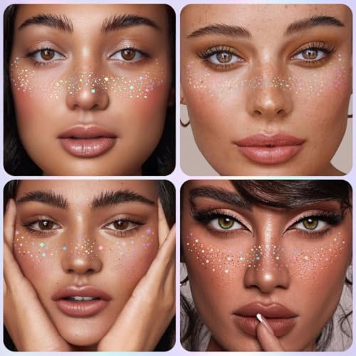 Glitter Freckles, Holographic Face and Body Glitter Tattoo Sparkle for Women Gold Glow Cosmetic Star Makeup Accessories fo...