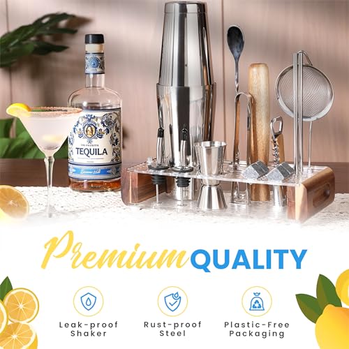 Mixology Bartender Kit with Stand - 15 Piece Bar Tool Set, Silver Bar Set Cocktail Shaker Set for Drink Mixing - Includes ...