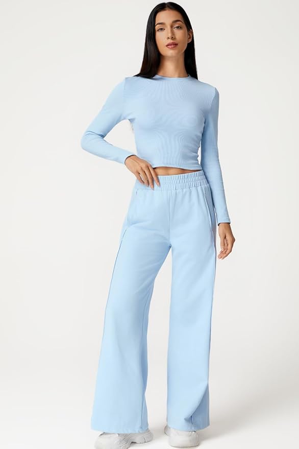 QINSEN Womens 2 Piece Sets Long Sleeve Slim Fit Crop Tops Wide Leg Pants Matching Lounge Set