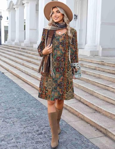 Zeagoo Fall Dresses for Women Long Sleeve Casual Pleated V Neck Dress 2025 A Line Tunic Dress