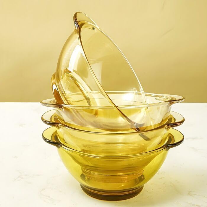 STP GOODS Glass Soup and Salad Bowl with Handles, Cobalt Transparent Glass Eating Plates, Circular Dinnerware for Salad, Bread, Dinner (Yellow 4 pcs)