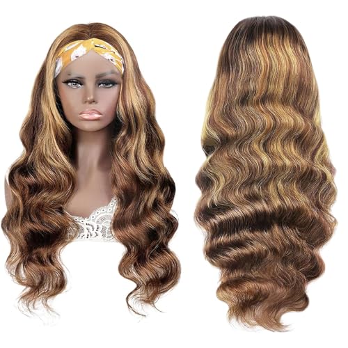 Highlight Ombre Headband Wig Human Hair 4/27 Highlight Body Wave Wigs Human Hair for Black Women Wear and Go Glueless None Lace Front Wigs Brazilian Virgin Headband Wig Human Hair 22 Inch