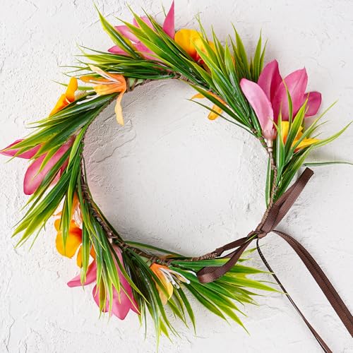 Hawaiian Leis Flower Crown - Artificial Tropical Flower Headpiece Hawaii Floral Headband with Ribbon Lei Luau Dress Up Hai...