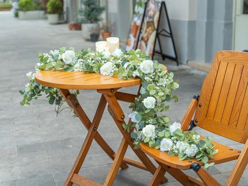 6FT Artificial Eucalyptus Garland with Flowers, 10 White Roses Baby Breath Garland Floral Greenery for Wedding Party Cente...