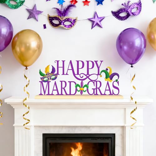 Happy Mardi Gras Metal Table Sign, Mardi Gras Table Decoration Centerpiece, Metal Letter Sign with Wooden Base, Holiday Ta...