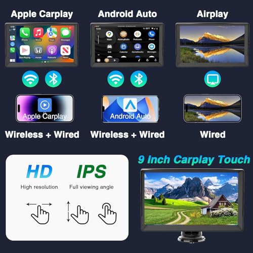 Portable Wireless Carplay Screen for Car Apple Carplay & Android Auto, 9" HD Touch Screen Car Stereo with 1080P Backup Cam...