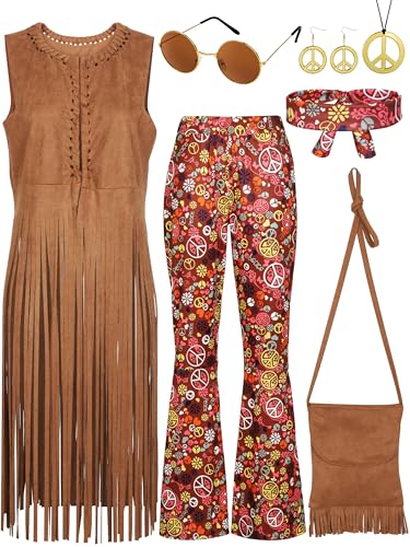 SOMSOC 7 Pieces 70s Women Hippie Costume Fringe Vest Bag Pant Headband for Halloween