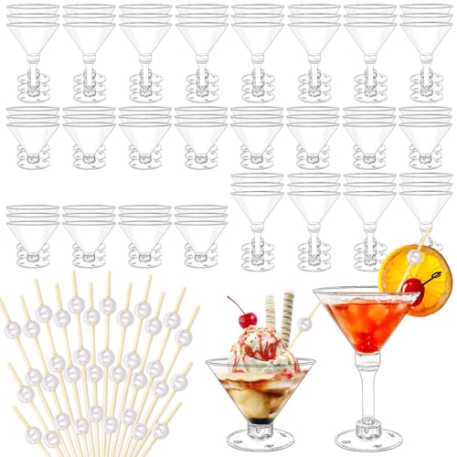 JarThenaAMCS 80 Pack 5Oz Plastic Martini Glasses With Pearl Cocktail Pick Disposable Mini Goblet Clear Cocktail Wine Glass...