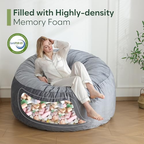 3 Ft Bean Bag Chair, Memory Foam Bean Bag Chairs for Adults with Filling, Round Bean Bag Sofa with Filler Included, Beanba...