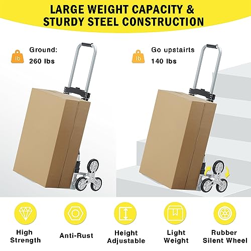260 LBS Stair Climbing Cart, Aluminum Trolley Dolly for Stairs, Folding Hand Truck Dolly, Grocery Shopping Cart with Mute ...