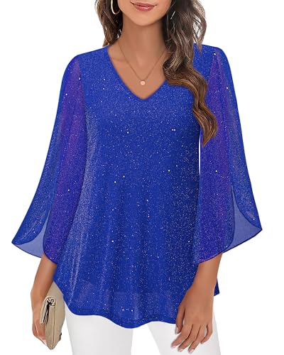 Bebonnie Womens Ruffle 3/4 Sleeve V Neck Double Layers Mesh Blouses Loose Fit Flowy Tunic Tops