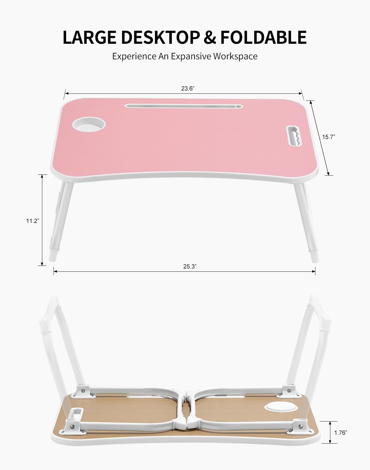 ZEAPTAC Laptop Bed Desk, Foldable Lap Table, Portable Study Table, Laptop Stand with Cup Holder & Tablet Slot & Lifting Handle for Working Writing Drawing & Eating - Pink