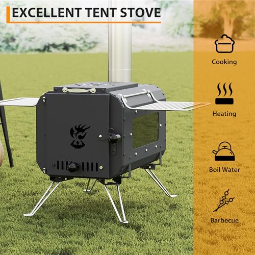 Cast Iron Portable Wood Burning Camping Stove, Compact Tent Stove with Chimney Pipe & View Glass for Ice Fishing, Hiking, ...