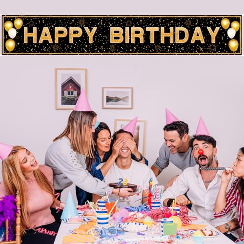 Happy Birthday Banner - 118"x20" Waterproof, Windproof & Tear-Resistant Polyester Sign for Men, Women, Boys & Girls, Black...