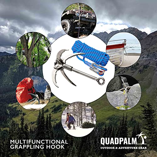 Grappling Hook with 10m Rope – Multifunctional QUADPALM Grapple Hook - 4 Stainless Steel Folding Claws - Heavy Duty - Outd...