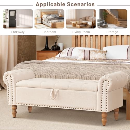 Furniliving 51” Storage Benches, End of Bed Bench with Button-Tufted Large Upholstered Storage Ottoman Linen Window Bench with Storage Shoe Cabinet Bench, for Bedroom, Entryway, Closet, Beige