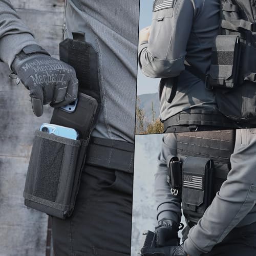 Molle Phone Pouch Tactical Phone Holster Universal Dual Cell Phone Holder Utility EDC Pouch with US Flag Patch