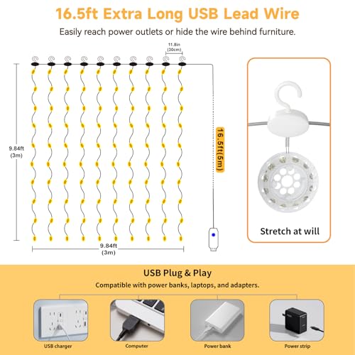 HXWEIYE 300LED Untangled Curtain Lights, 9.8x9.8Ft USB Fairy Twinkle String Lights with Remote and DIY Timer, 8 Modes Wind...