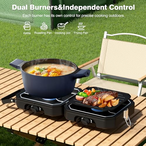 Camping Stove Portable Propane Camp Stove with Independently Adjustable Heat & Carry Bag, Foldable Gas Stove with 2 Burner...