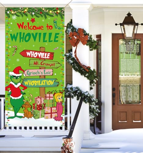 Sunwer Welcome Xmas Door Cover Green Elf Christmas Winter Holiday Party Decoration Front Porch Sign Backdrop Banner for Ho...