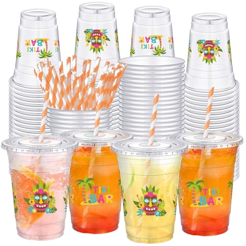 Jingmore 50 Pcs 16 oz Tiki Bar Plastic Cups Bulk with Lids and Straws Disposable Tropical Clear Drinking Cups for Tiki Bar...