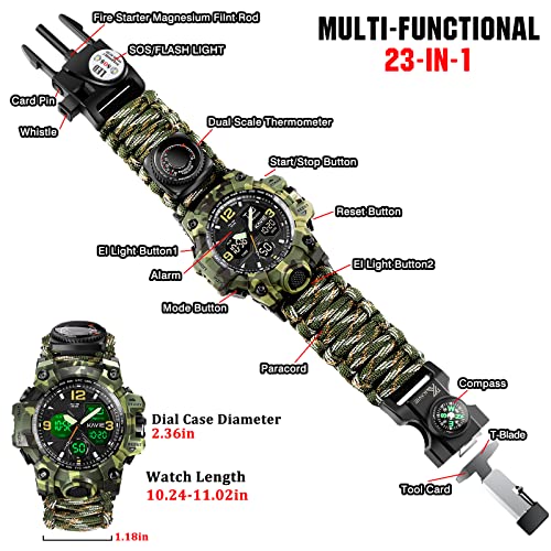 23-in-1 Survival Military Digital Watch, Mens Tactical Multi-Functional and Adjustable Wristband Outdoors Waterproof Sport...