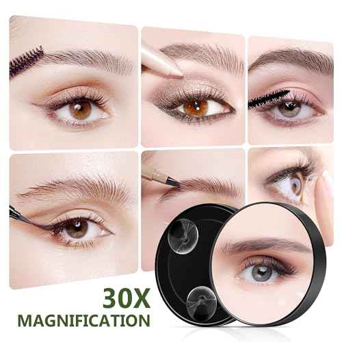 30X Magnifying Mirror, Magnifying Mirror Suction Cup, Travel Makeup Mirrors with Precise Tweezers, Compact Mirrors for The Removal of Female Facial Hair, 3.5 Inches (Black)