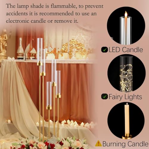 Fullvaseer 5 Arm Candelabra with Acrylic Lampshade Set of 4 Gold Candelabra for Wedding Table Birthday Party Home Decorati...