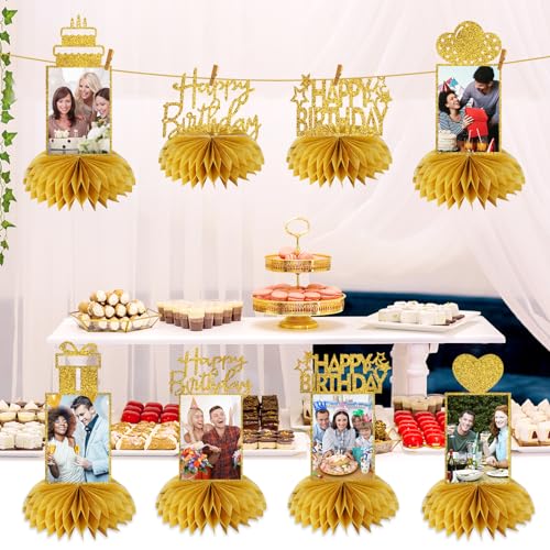 Eucutur 8Pcs Honeycomb Birthday Decorations - Gold Glitter Centerpieces for Women & Men, Happy Birthday Photo Table Topper...