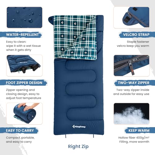 KingCamp Sleeping Bag for Adults, Cold Weather & Warm XL Big and Tall Flannel Sleeping Bags with Compression Sack Portable...