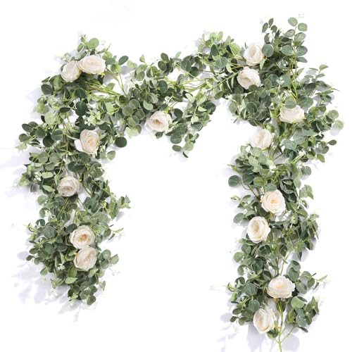 Der Rose 2Pcs 13FT Artificial Eucalyptus Flower Garland with Fake Rose Flower Vine Seeded Eucalyptus Leaves Greenery Garla...