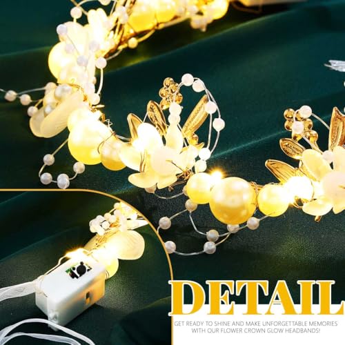 Zehope Light Up Flower Headbands LED Princess Pearl Floral Wreath Headpiece Bridal Wedding Garlands Hair Accessories for W...
