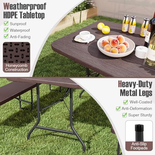 Nightcore Folding Table, HDPE Portable Table with 6ft Long Tabletop, Metal Frame Picnic Camping Table with Safe Lock, Coll...