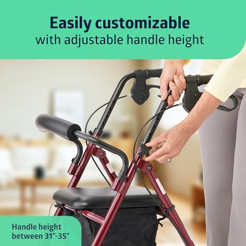 Medline Aluminum Rollator Walker with Seat, Burgundy, 250 lb. Weight Capacity, Lightweight, 6” Wheels, Foldable, Adjustabl...