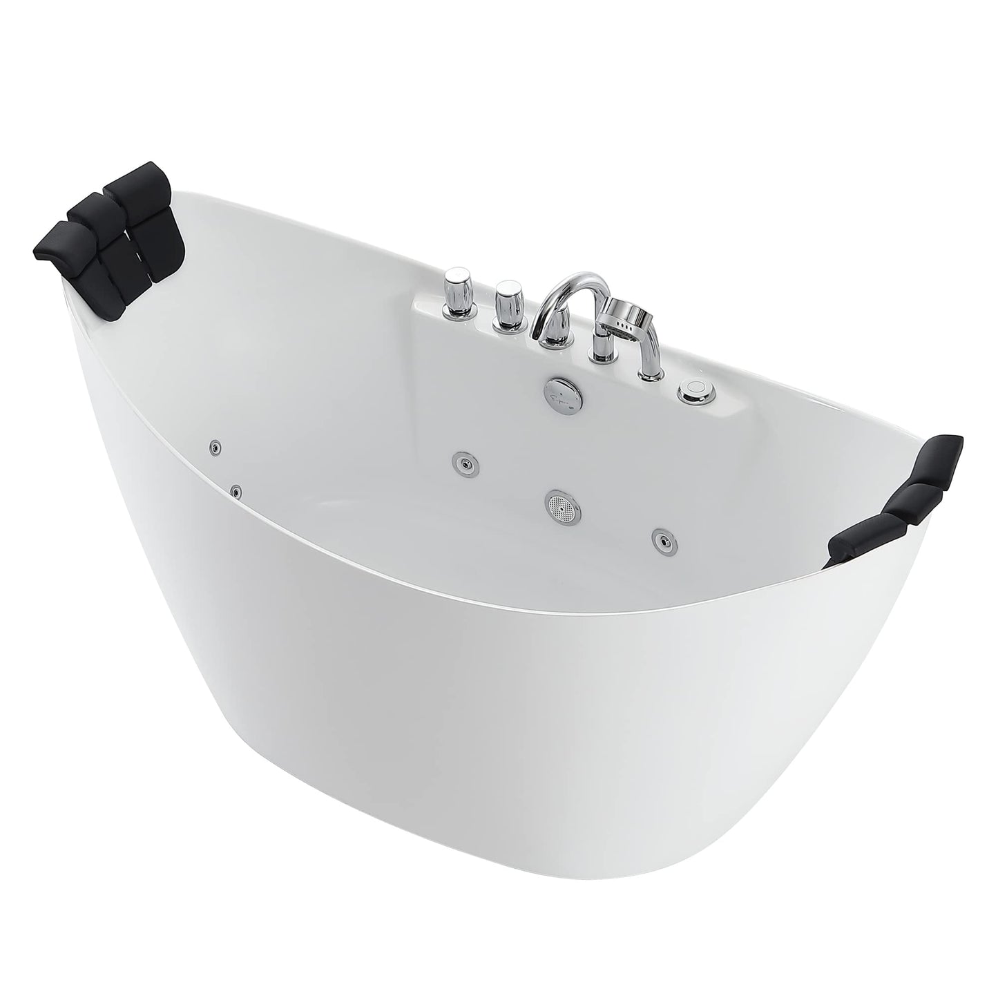Empava 59 in. Acrylic Freestanding Tub Hydromassage Gracefully Oval Shaped Whirlpool 8 Water Jets Soaking SPA, Double-Ended Massage Bathtub with 2 Black Pillows