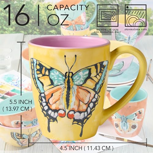 Butterflies Set of 4 Hand-Painted Ceramic Mugs – 16oz Coffee and Tea Cups with Bright Butterfly Designs in Yellow, Pink, O...