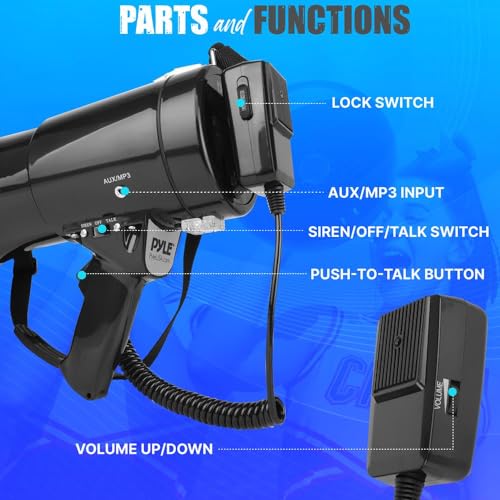 PYLE-PRO 50W Megaphone Speaker PA Bullhorn, Black Aux Input, Adjustable Volume, Siren, 35mm Aux Input, Ideal for Sports Ev...