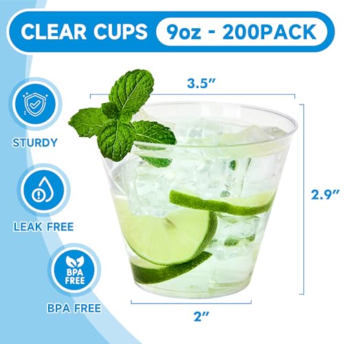 RACETOP 9 oz 200 packs Clear Disposable Plastic Cups, Durable Plastic Cups Tumblers, Perfect for Parties, Wedding and Fest...