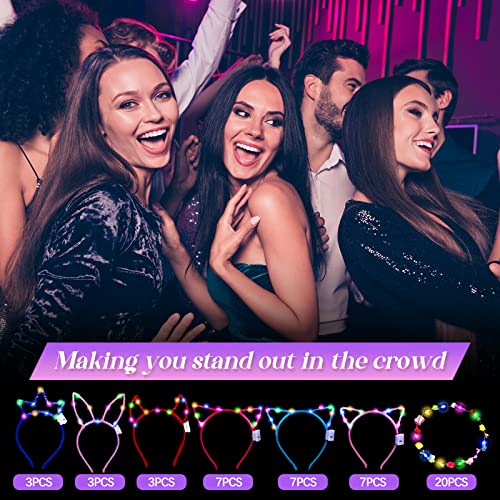 Xinnun 50 Pcs LED Cat Ear Headbands Bulk, Light up Flower Headband Glow Crown Rabbit Ear Head Accessories for Glow in the ...