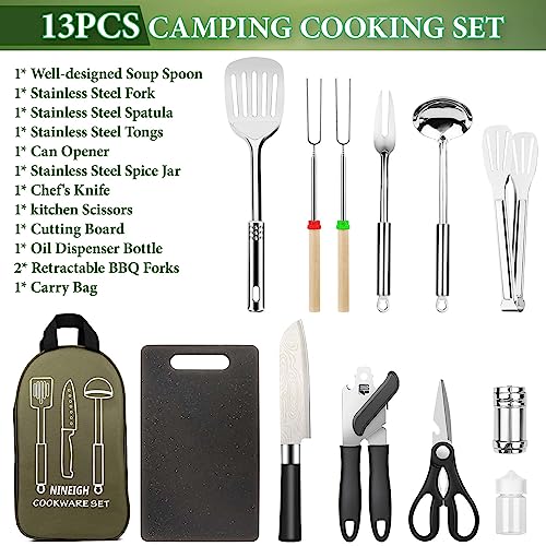 Camping Cooking Utensils Set, Stainless Steel Grill Tools, Camping BBQ Cookware Gear and Equipment for Travel Tenting RV V...