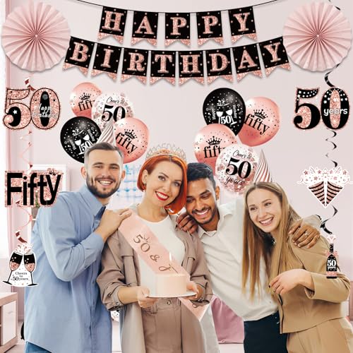 50th Birthday Decorations for Women, 33pcs 50th Birthday Crown and Sash, Black Rose Gold Happy 50th Birthday Banner Balloo...