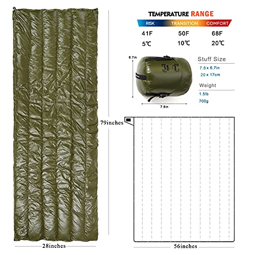 MT Ultralight Down Sleeping Bag 41-68 Degree F 400 Fill Power 3 Seasons - 1.5lbs Compact Portable Waterproof Camping Sleep...