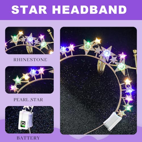 Abien Light Up Star Headband LED Rhinestone Hairband Glitter Star Halo Crown Headpiece Sparkle Birthday Headhoop for Women