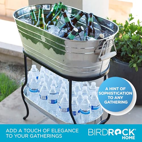 BIRDROCK Home Stainless Steel Beverage Tub with Stand - Bottom Tray - Ice Bucket - Party Drink Holder - Wooden Handles - O...