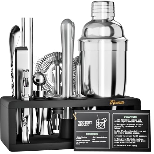 Mixology Bartender Kit with Stand - 15 Piece Bar Tool Set, Silver Bar Set Cocktail Shaker Set for Drink Mixing - Includes ...
