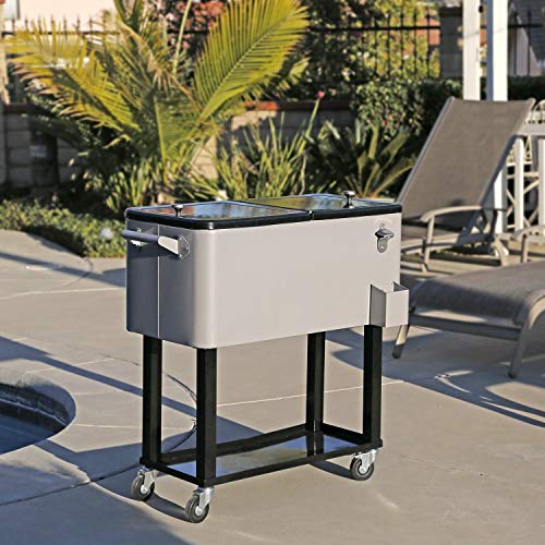 80 Quart Qt Rolling Cooler Ice Chest for Outdoor Patio Deck Party, Grey, Portable Party Bar Cold Drink Beverage Cart Tub, ...