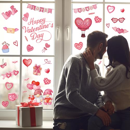 GULWAT 123 PCS Valentines Day Window Clings Decorations, 9 Sheets Red Pink Heart Happy Valentines Window Decals for Home O...