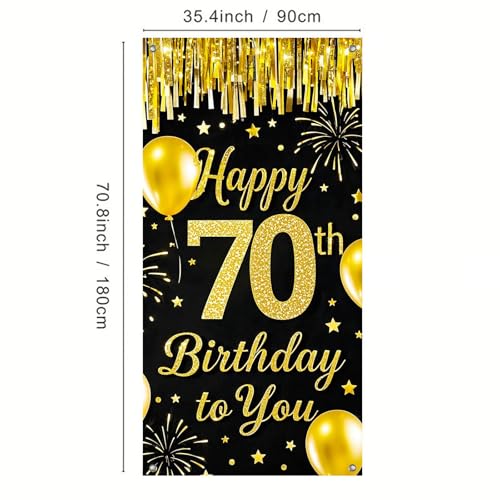 IVN 70th Birthday Door Cover 71x35 Inch Black Gold Birthday Banner for Party Decorations Balloons Stars Fireworks Backdrop...