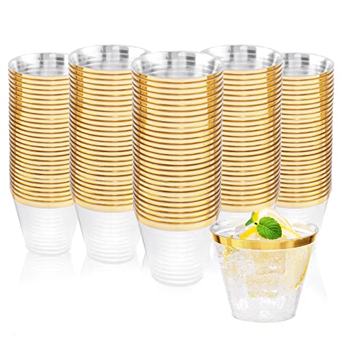 Nervure 120PCS Gold Plastic Cups - 9Oz Gold Rimmed Plastic Cups - Heavy Duty Disposable Clear Cup with Gold Rim Perfect fo...