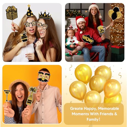 DARCKLE 36PCS Black and Gold Photo Booth Prop, Party Photo Booth Props for Photoshoot Birthday Party Photobooth New Year G...
